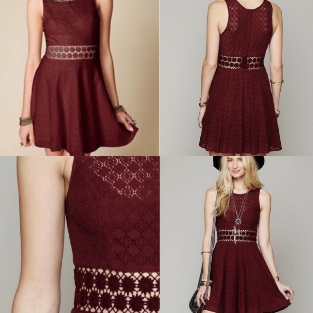 Free People Burgundy Lace Dress Size 2 Floral Cutout Waist Boho Skater Style